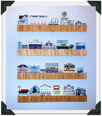 Bernice's handcrafted boardwalk shelf she made to display her coastal Cat's Meow collection.