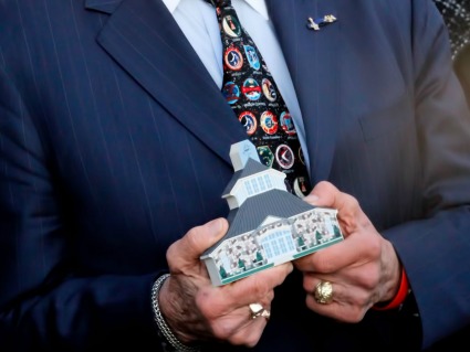 Buzz Aldrin holding his very own Cat's Meow replica of the Germanna Foundation