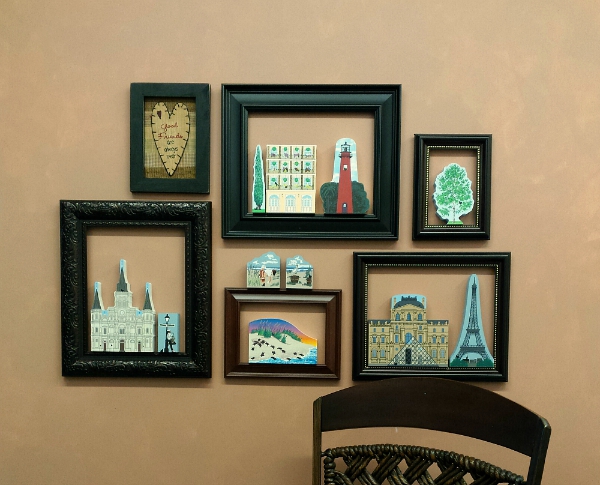 Arrange the frames any way you wish and fill with Cat's Meow keepsakes