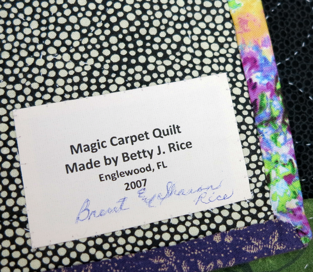 Signature panel of Brent's Magic Carpet Quilt, signed by his grandmother.