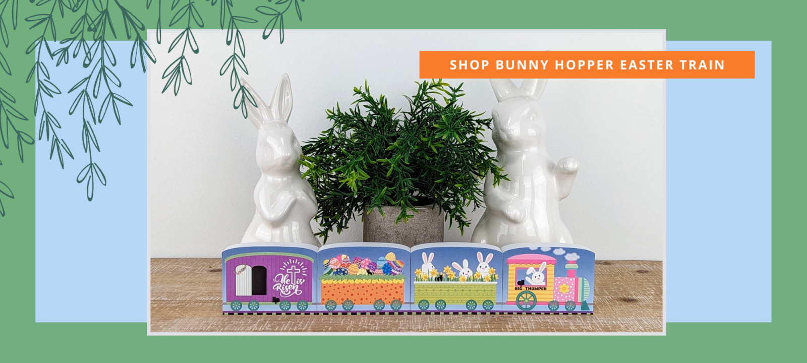 Add our Bunny Hopper Train to your Easter decor. Handcrafted by The Cat's Meow Village in Ohio.