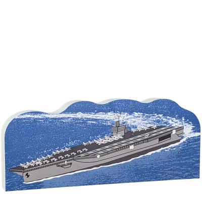 US Navy Aircraft Carrier replica handcrafted in 3/4" thick wood by The Cat's Meow Village in Wooster, Ohio.