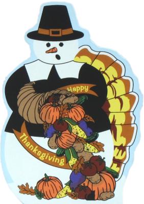 Thanksgiving Snowman with pilgrim hat, pumpkins, turkey tail