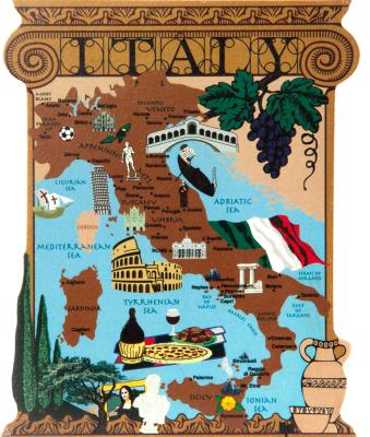 Shelf sitter of the Map of Italy handcrafted in 3/4" thick wood by The Cat's Meow Village. Made In The USA.