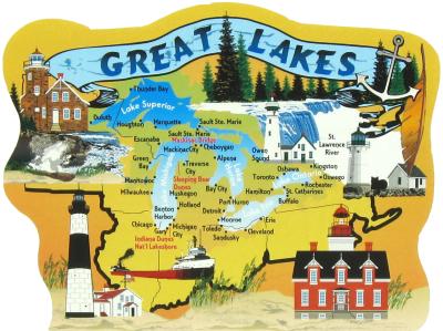 Great Lakes Map including Great Lakes Lighthouses and prominent locations in New York, Ohio, Indiana, Illinois, Wisconsin, Michigan