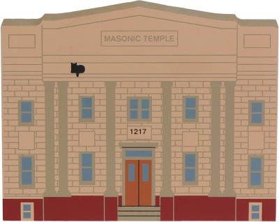 Wooden handcrafted keepsake of the Masonic Temple created by The Cat’s Meow Village