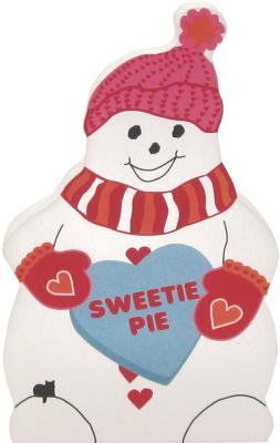 Cat's Meow Candy Heart PURRsonalized snowman in pinks and orange holding a blue candy heart.