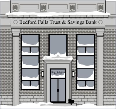 Bedford Falls Trust & Savings Bank handcrafted in wood by The Cat's Meow Village is themed after the movie It's A Wonderful Life