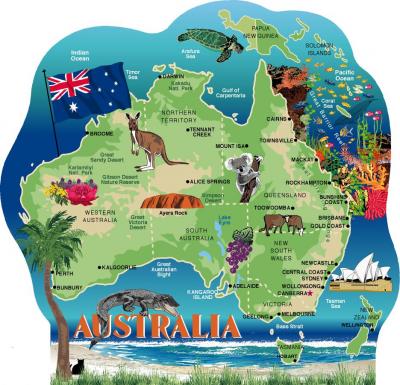 Cat's Meow wooden rendition of Australia showing major cities and features of this island-continent