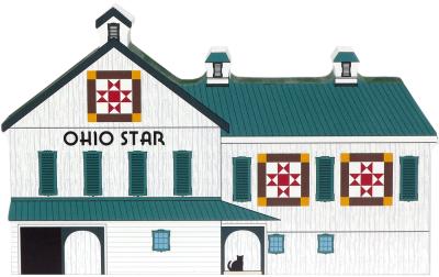 Handcrafted wooden shelf sitter of the Ohio Star Quilt Barn created by The Cat’s Meow Village