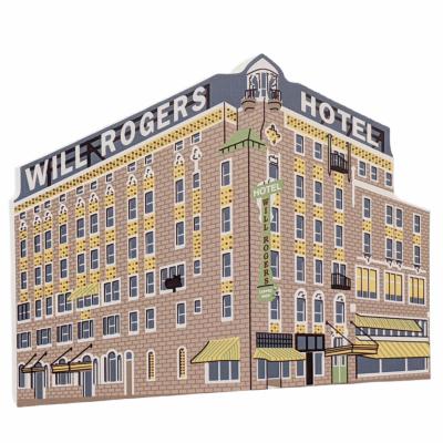 Wooden replica of the Will Rogers Hotel, Claremore, Oklahoma along Route 66. Handcrafted in the USA by The Cat's Meow Village.