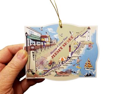 Jersey Shore Ornament handcrafted in 1/4" thick wood with colorful details on the front and shoreline history on the back. Handcrafted by The Cat's Meow Village in the USA.