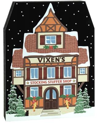 Vixen's Stocking Stuffer Shop adds a bit of whimsy to The Cat's Meow Village North Pole Collection. Made in the USA.