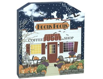 Show off your Halloween spirit with this wooden Hocus Pocus Coffee Shop shelf sitter. We handcraft it in Wooster, Ohio. It includes glow-in-the-dark surprises!