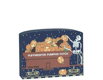 This Buzzard Express Pumpkin train car is part of a 5-piece Halloween train set. Handcrafted by The Cat’s Meow Village in Wooster, Ohio from ¾” thick wood to set on a bookshelf, mantel, windowsill, or the trim above your doorway.