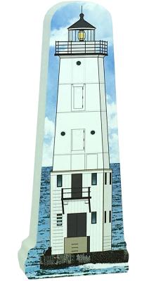 Replica of the Frankfort North Breakwater lighthouse handcrafted in 3/4" thick wood by The Cat's Meow Village in Wooster, Ohio.