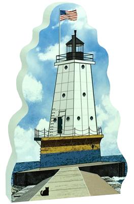 Replica of the Ludington North Breakwater Light handcrafted in 3/4" thick wood by The Cat's Meow Village in Wooster, Ohio.