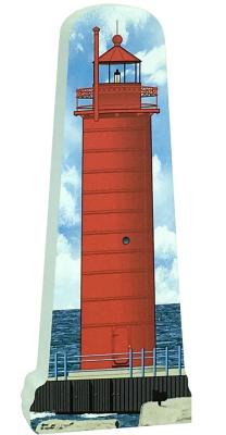 Replica of the Muskegon South Pierhead Lighthouse handcrafted in 3/4" thick wood by The Cat's Meow Village in Wooster, Ohio.