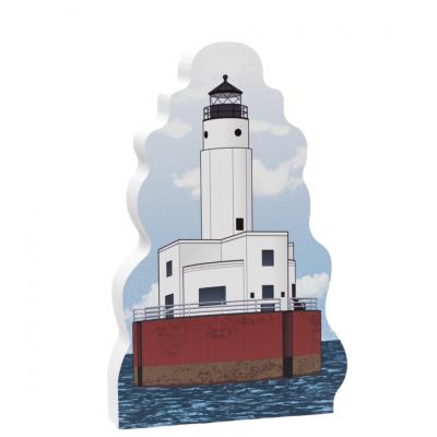 Replica of the Cleveland Ledge Lighthouse in Buzzards Bay, Cape Cod. Handcrafted in 3/4" thick wood with colorful details on the front and a short history on the back. American made by The Cat's Meow Village.