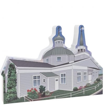 Replica of St. Michaels Orthodox Cathedral, Sitka, Alaska.  Handcrafted in 3/4" thick wood by The Cat's Meow Village in the USA.