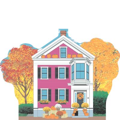 Beautifully detailed keepsake of The Pink House, Autumn in Salem, Massachusetts.  Handcrafted by Cat's Meow Village in the USA.