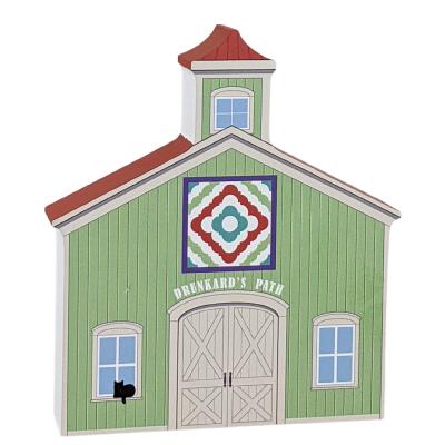 Drunkard's Path Quilt Barn crafted in 3/4" thick wood to decorate your bookshelf or sewing room wall. Handcrafted in the USA by The Cat's Meow Village. Look for our Casper black cat!