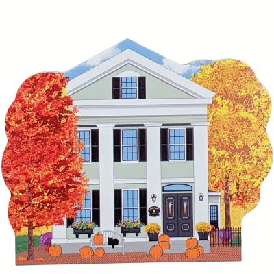 Wooden replica of Amanda Payson house in Salem, Mass, all decorated in autumn and fall colors. Handcrafted by The Cat's Meow Village in the USA.
