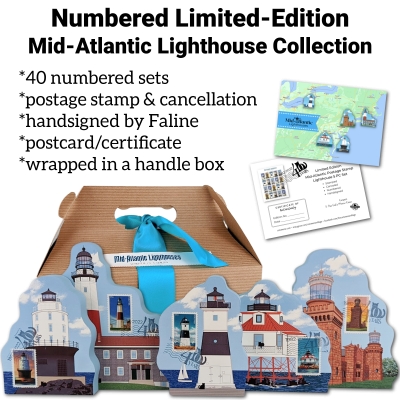 Limited-edition Mid-atlantic lighthouse sets. Only 40 available. handcrafted and handsigned by The Cat's Meow Village in the USA.