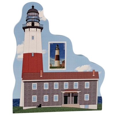 Montauk Point Lighthouse with a USPS Mid-Atlantic Lighthouse postage stamp. handcrafted in 3/4" thick wood by The Cat's Meow Village in the USA.