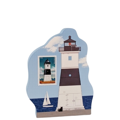 Erie Harbor Pierhead Lighthouse with a Mid-Atlantic Lighthouse postal stamp handcrafted in 3/4" thick wood by The Cat's Meow Village in the USA.