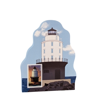 Harbor of Refuge Lighthouse with Mid-Atlantic lighthouse stamp, handcrafted by The Cat's Meow Village in the USA.