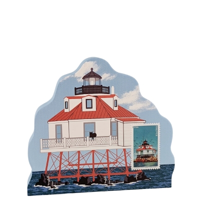 This Thomas Point Shoal Lighthouse includes a USPS stamp from the Mid-Atlantic Lighthouse Series Stamps. Handcrafted by The Cat's Meow Village in the USA