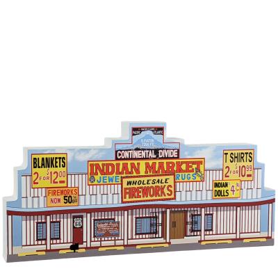 Colorful replica of RT 66-Continental Divide Trading Post, New Mexico. Handcrafted in the USA 3/4" thick wood by Cat’s Meow Village. H