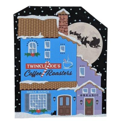 North Pole, Twinkle Joe's Coffee Roasters handcrafted in 3/4" thick wood by The Cat's Meow Village in Wooster, Ohio.