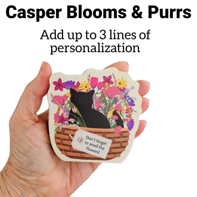 Casper Blooms & Purrs Basket, PURRsonalize Me! handcrafted in 3/4" thick wood by The Cat's Meow Village in Wooster, Ohio.