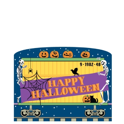 Add this Happy Halloween train car to your Buzzard Express Halloween Train. Handcrafted in the USA by The Cat's Meow Village in 3/4" thick wood.