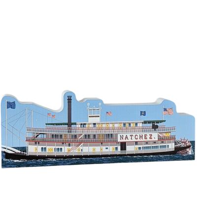 Wooden replica of the Natchez steamboat in New Orleans. Handcrafted in 3/4" wood by The Cat's Meow Village.