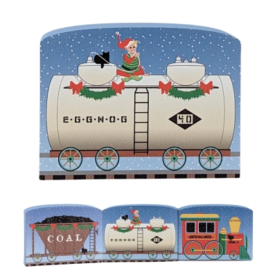 North Pole Limited - Eggnog Tanker shown with other North Pole Limited train cars..  Handcrafted in 3/4" wood by the Cats Meow Village in Wooster, Ohio. 