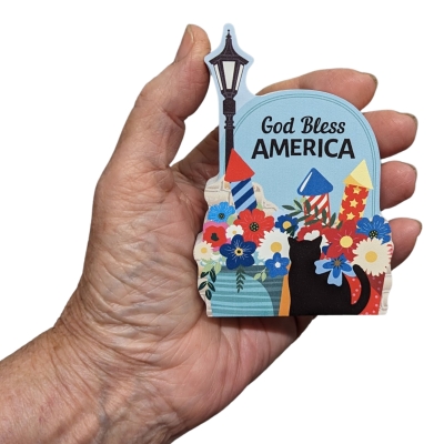 Wooden red, white, and blue God Bless America gift decor. Handcrafted by The Cat's Meow Village in the USA.