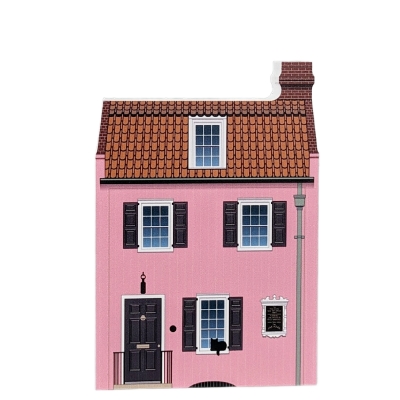 The Pink House, 17 Chalmers Street, Charleston, SC handcrafted in 3/4" thick wood by The Cat's Meow Village in the USA.