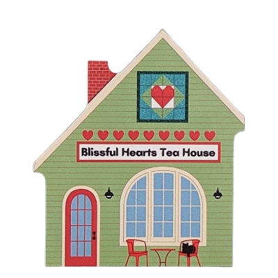 Blissful Hearts Tea House wooden keepsake handcrafted by the Cat's Meow Village in Wooster, Ohio.