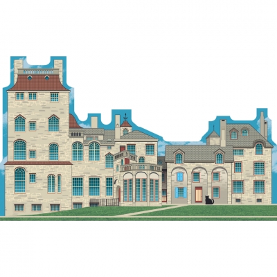 Wooden replica of Fonthill in Doylestown, Pennsylvania handcrafted by The Cat's Meow Village in the USA.
