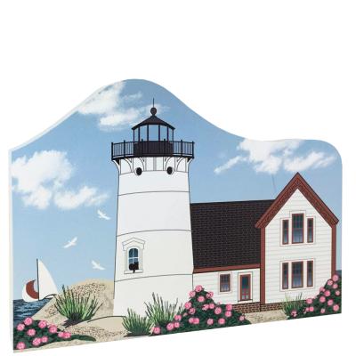 Replica of  Stage Harbor Lighthouse in Chatham, Massachusetts. Handcrafted of 3/4" thick wood by The Cat's Meow Village in the USA.