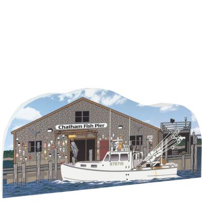 Wooden replica of Chatham Fish Pier in Chatham, Massachusetts. Handcrafted by The Cat's Meow Village in the USA.