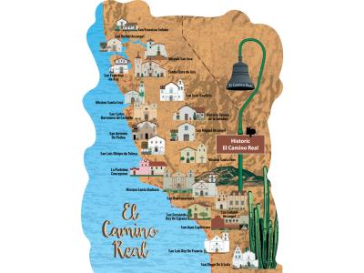Beautifully detailed map of the El Camino Real, Alta California. Handcrafted in the USA 3/4" thick wood by Cat’s Meow Village.