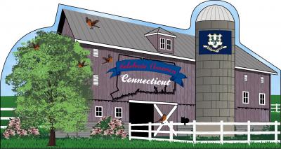 Connecticut State Barn including the state flag along with other state facts. The Nutmeg State.