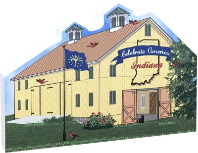 Show your state pride with this Indiana state barn. We've included all the state symbols within the design. Handcrafted by The Cat's Meow Village in the USA.