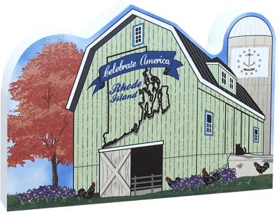 Show your state pride with this Rhode Island state barn. We've included all the state symbols within the design. Handcrafted by The Cat's Meow Village in the USA.