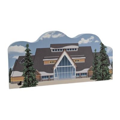 Wooden replica of Old Faithful Visitor Center, Yellowstone National Park, Wyoming. Add it to your home decor to remind you of your trip to Yellowstone. Handcrafted by The Cat's Meow Village in the USA.