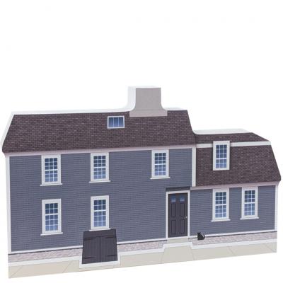 Front of a replica of the Narbonne House, Salem, MA handcrafted in 3/4" thick wood by The Cat's Meow Village in the USA.